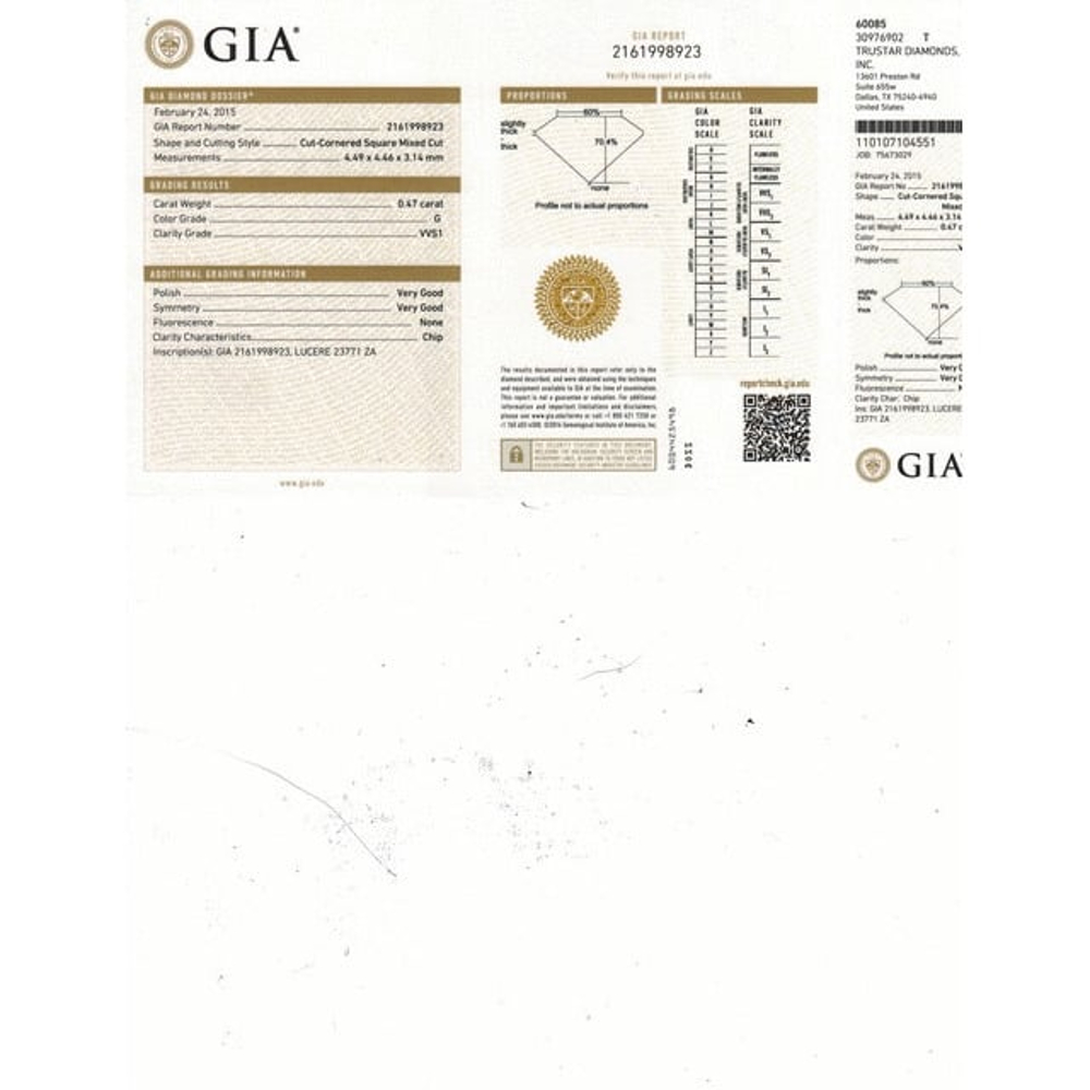 0.47 Carat Radiant Loose Diamond, G, VVS1, Excellent, GIA Certified