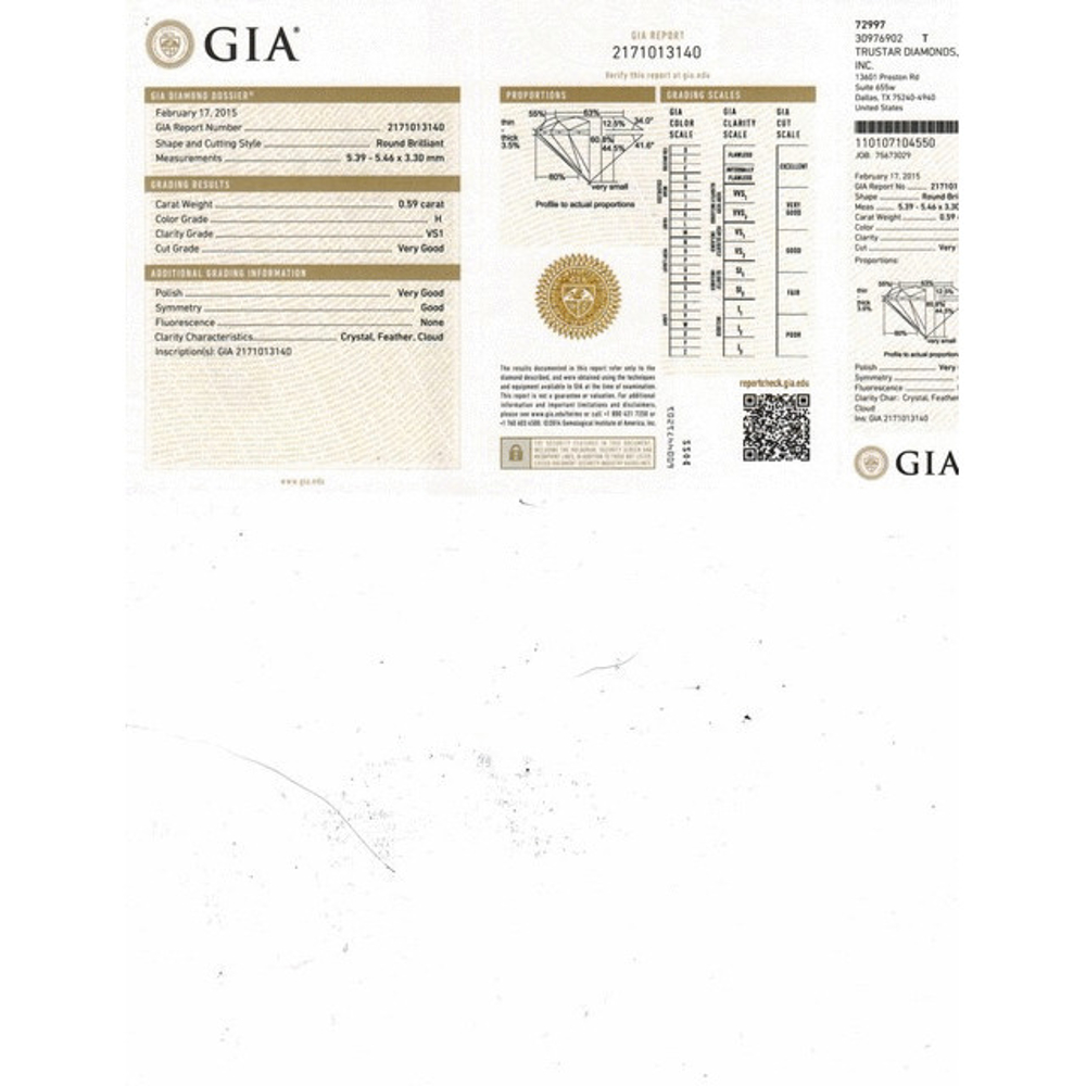 0.59 Carat Round Loose Diamond, H, VS1, Very Good, GIA Certified