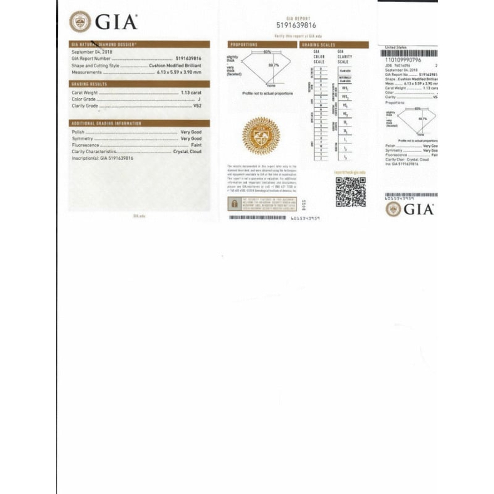 1.13 Carat Cushion Loose Diamond, J, VS2, Excellent, GIA Certified | Thumbnail