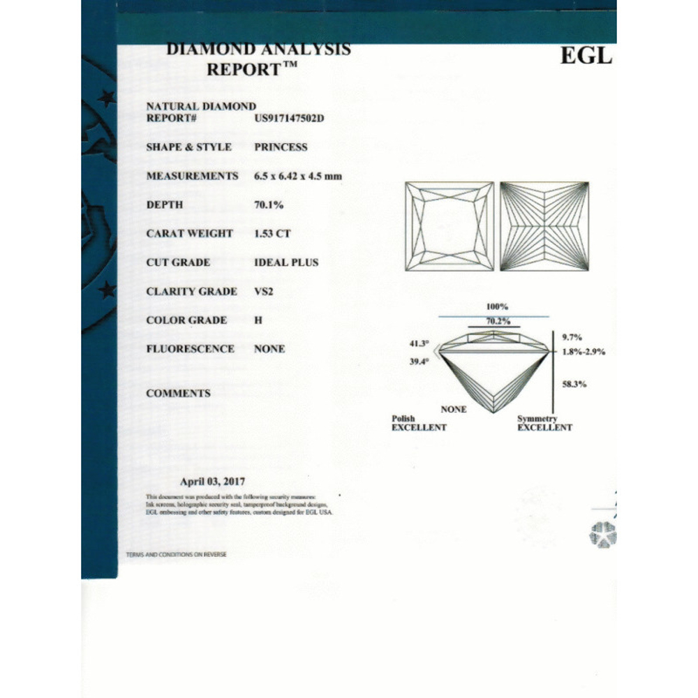 1.53 Carat Princess Loose Diamond, H, VS2, Super Ideal, EGL Certified | Thumbnail