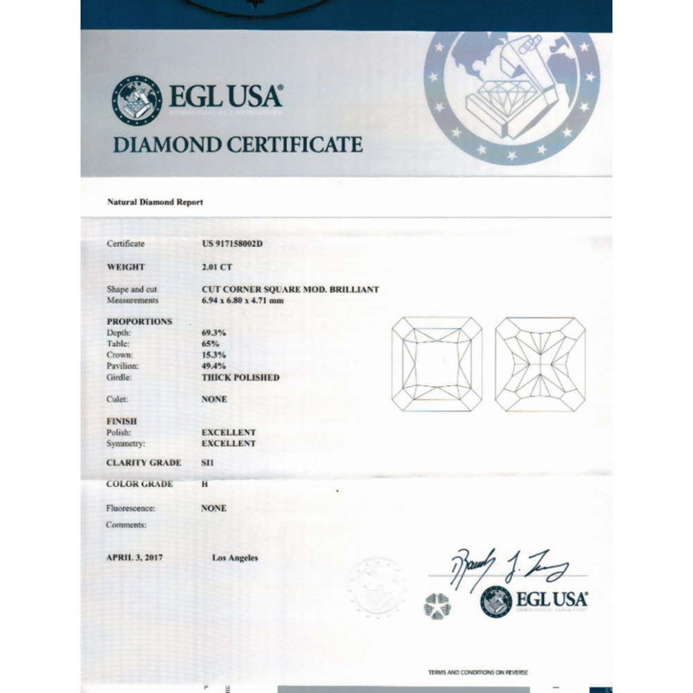 2.01 Carat Radiant Loose Diamond, H, SI1, Super Ideal, EGL Certified