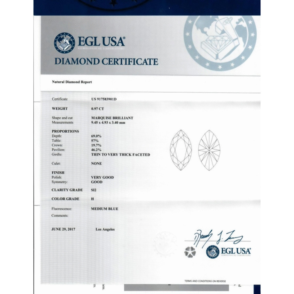 0.97 Carat Marquise Loose Diamond, H, SI2, Excellent, EGL Certified