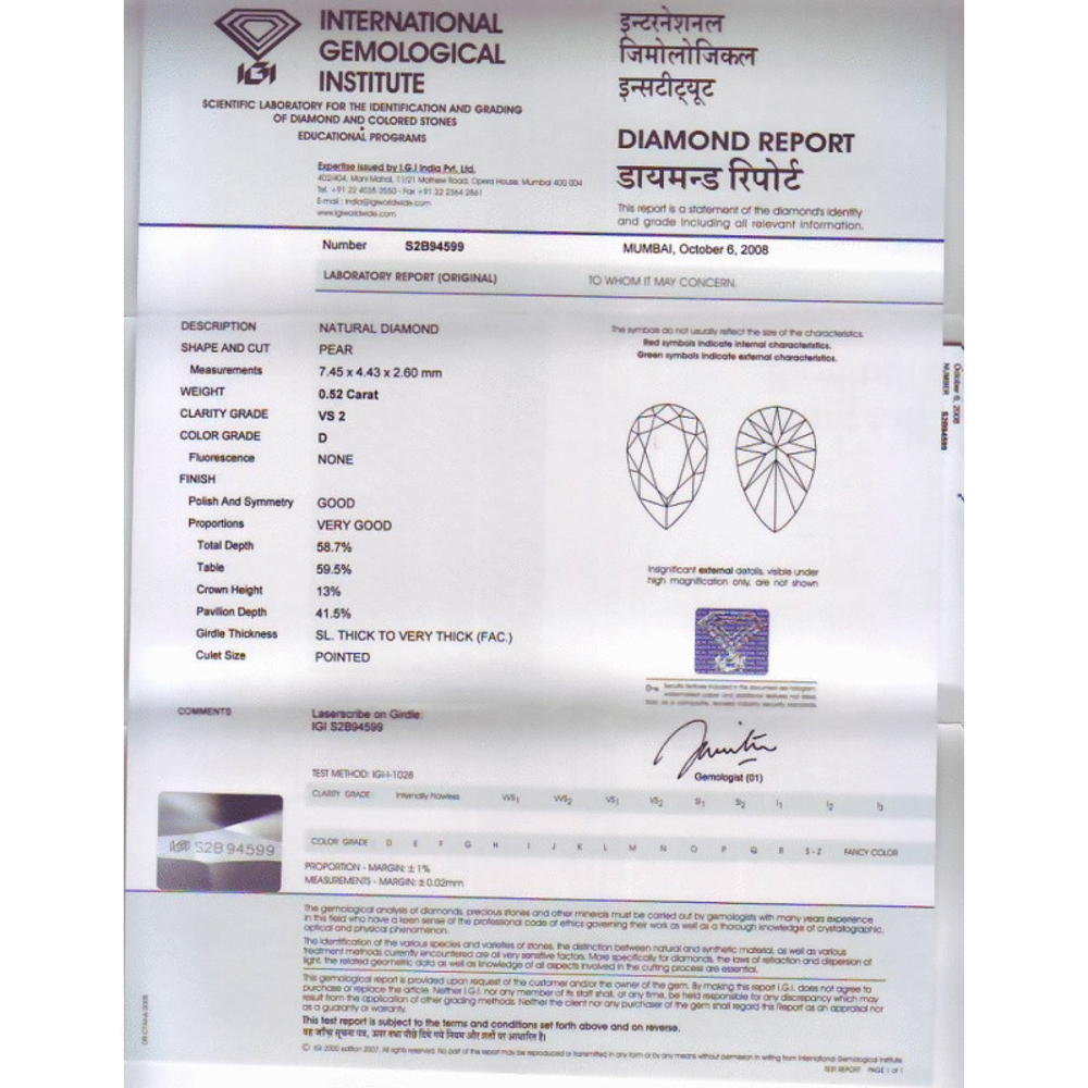 0.52 Carat Pear Loose Diamond, D, VS2, Ideal, IGI Certified | Thumbnail