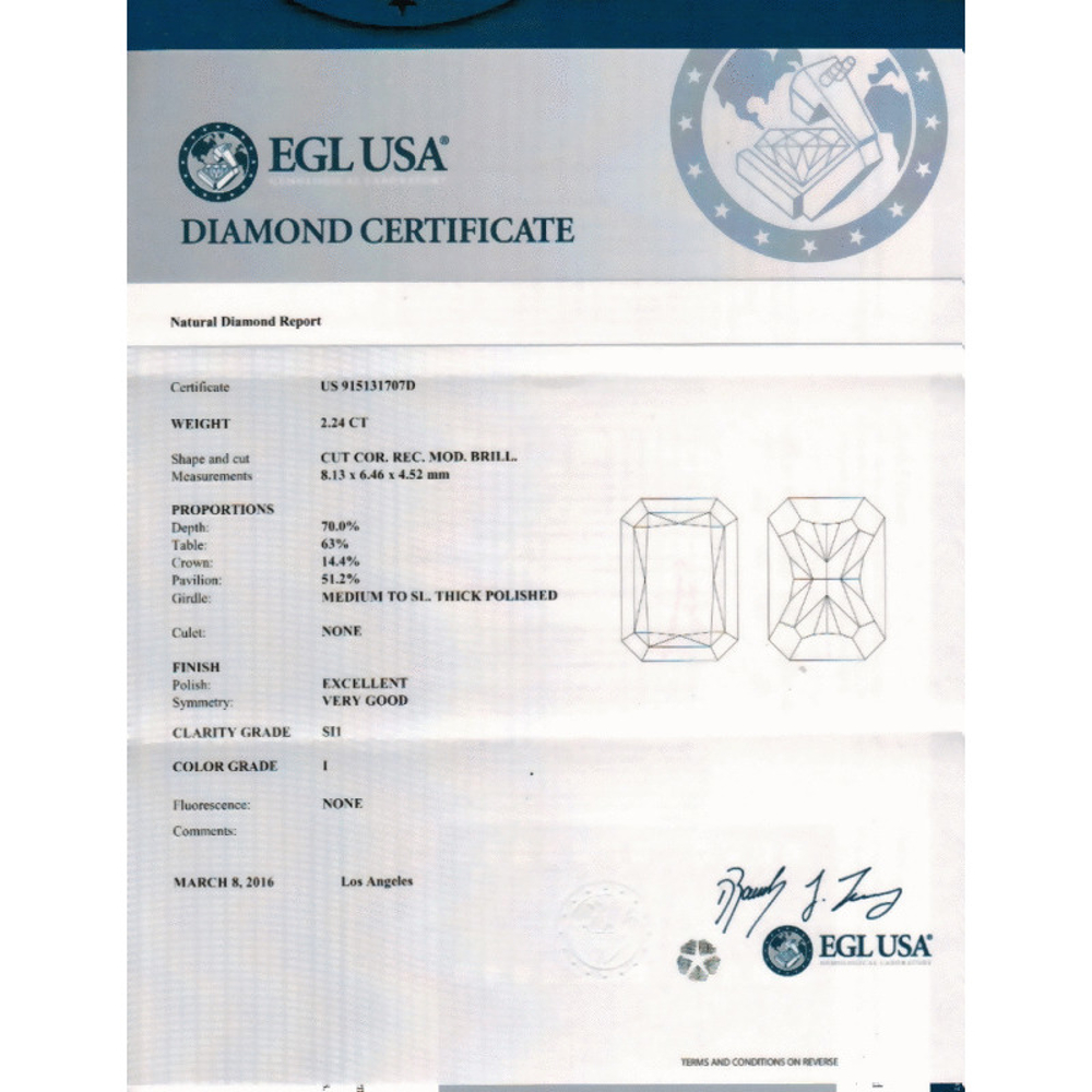 2.24 Carat Radiant Loose Diamond, I, SI1, Ideal, EGL Certified