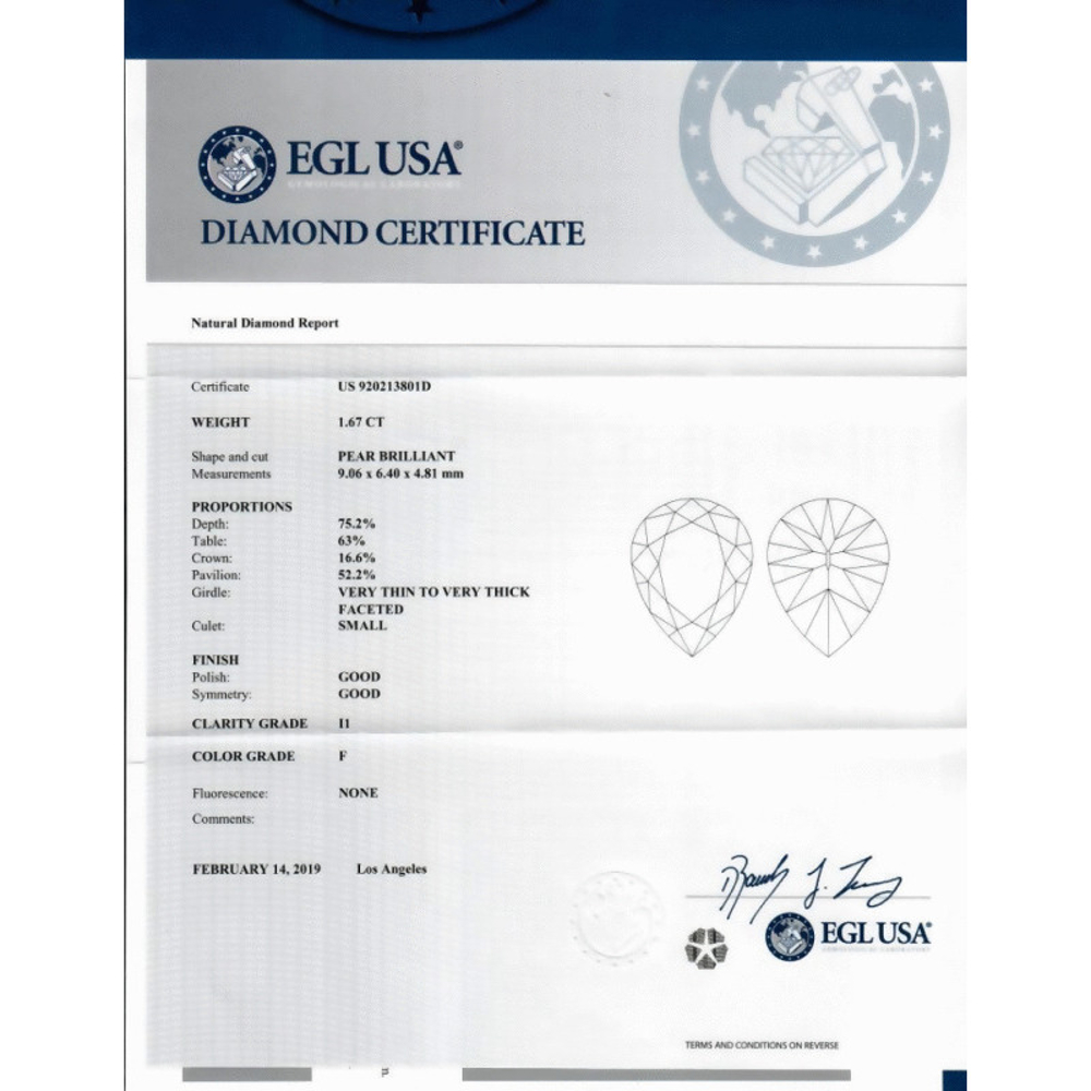 1.67 Carat Pear Loose Diamond, F, I1, Very Good, EGL Certified | Thumbnail