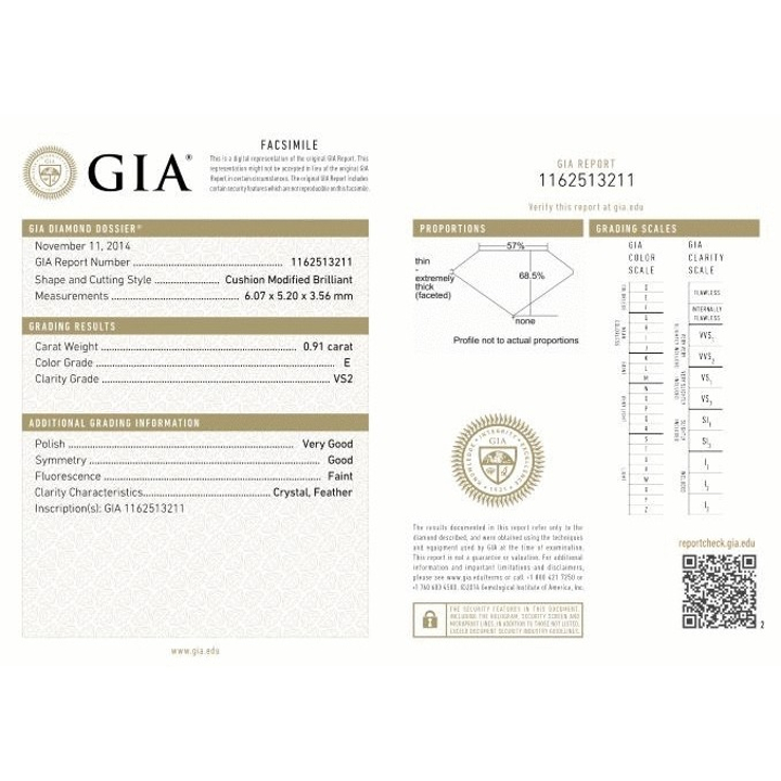 0.91 Carat Cushion Loose Diamond, E, VS2, Excellent, GIA Certified | Thumbnail