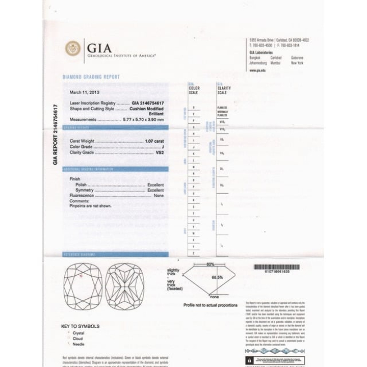 1.07 Carat Cushion Loose Diamond, J, VS2, Ideal, GIA Certified