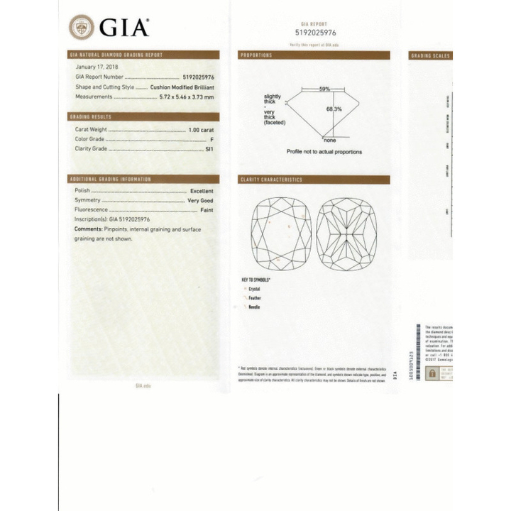 1.00 Carat Cushion Loose Diamond, F, SI1, Ideal, GIA Certified