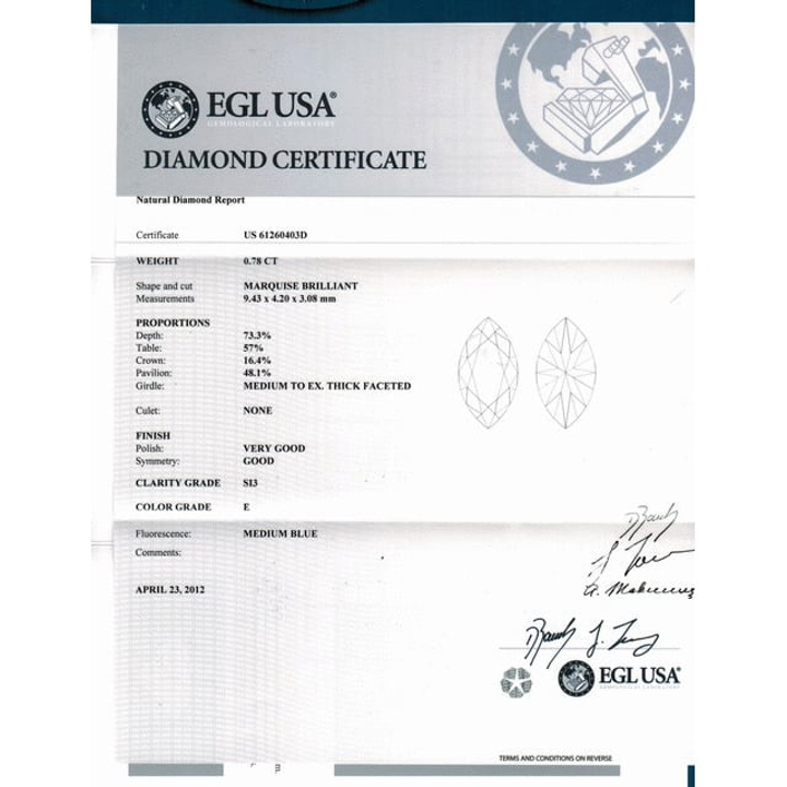 0.78 Carat Marquise Loose Diamond, E, SI3, Very Good, EGL Certified