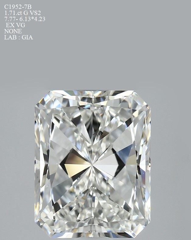 1.71 Carat Radiant Loose Diamond, G, VS2, Ideal, GIA Certified