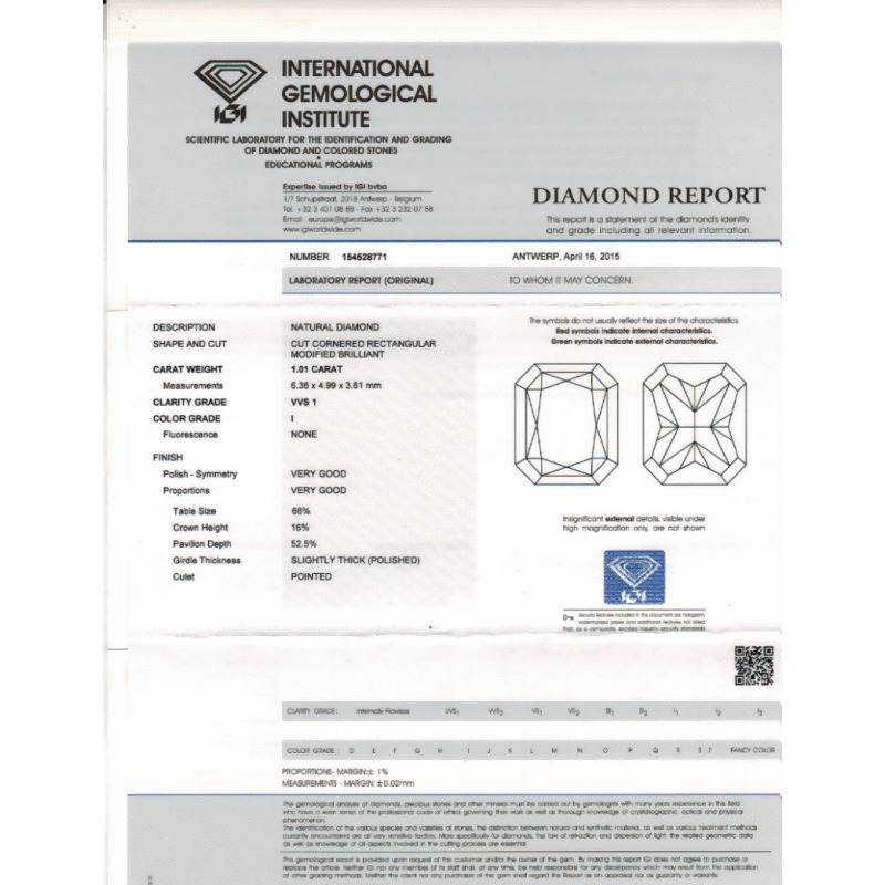 1.01 Carat Radiant Loose Diamond, I, VVS1, Ideal, IGI Certified