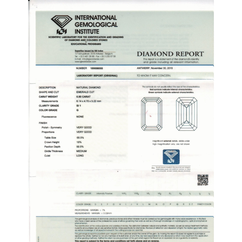 0.90 Carat Emerald Loose Diamond, G, SI1, Ideal, IGI Certified | Thumbnail