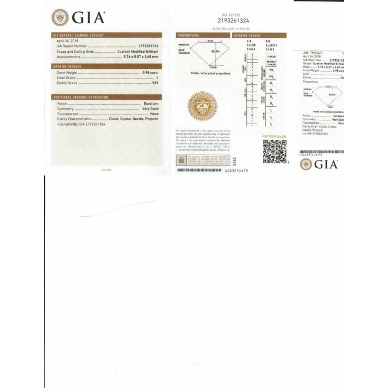 0.98 Carat Cushion Loose Diamond, I, VS1, Super Ideal, GIA Certified | Thumbnail