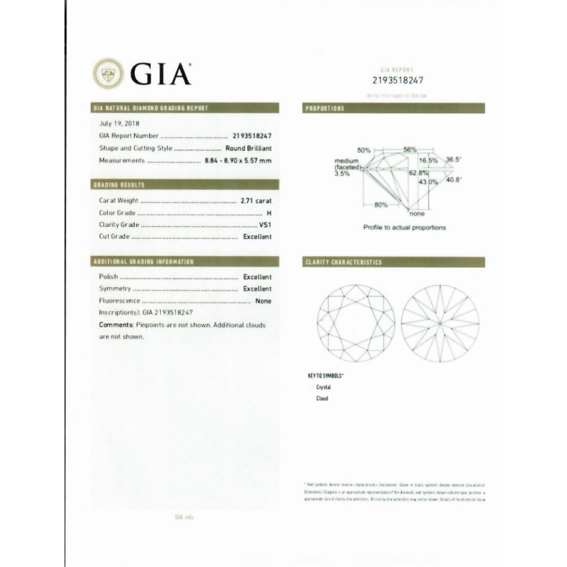 2.71 Carat Round Loose Diamond, H, VS1, Super Ideal, GIA Certified