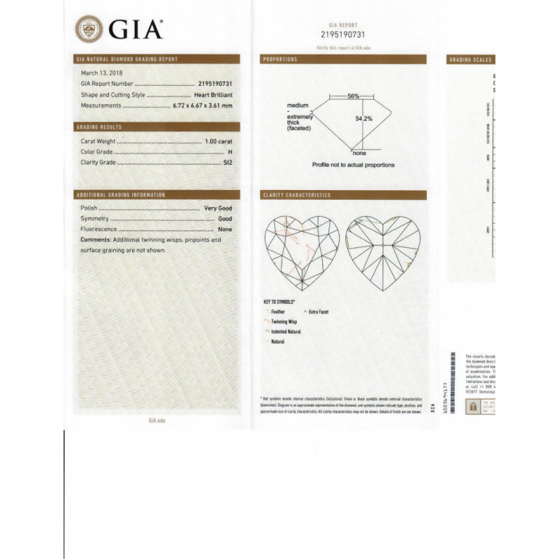 1.00 Carat Heart Loose Diamond, H, SI2, Ideal, GIA Certified | Thumbnail