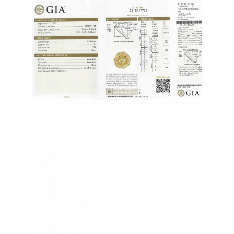 0.70 Carat Round Loose Diamond, G, VS2, Very Good, GIA Certified