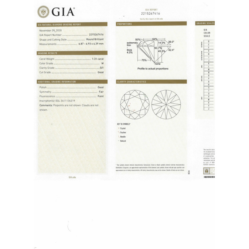 1.31 Carat Round Loose Diamond, M, SI1, Good, GIA Certified | Thumbnail