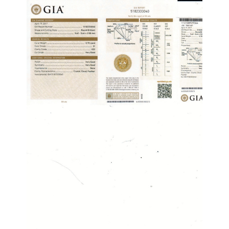 0.70 Carat Round Loose Diamond, H, VS2, Very Good, GIA Certified