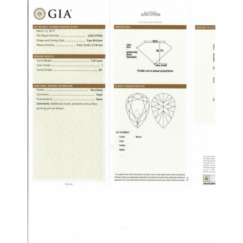 1.02 Carat Pear Loose Diamond, I, SI1, Ideal, GIA Certified