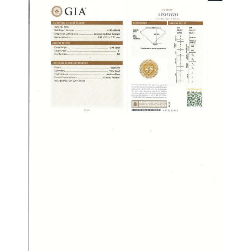 0.96 Carat Cushion Loose Diamond, K, SI2, Ideal, GIA Certified