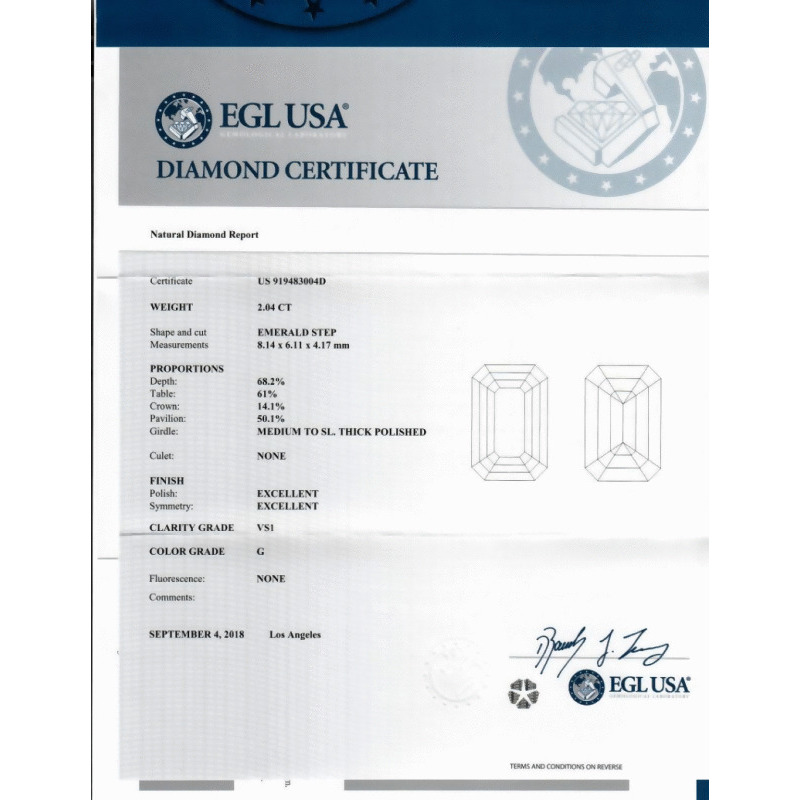 2.04 Carat Emerald Loose Diamond, G, VS1, Super Ideal, EGL Certified | Thumbnail