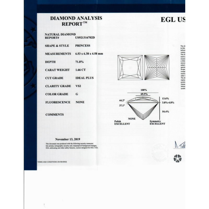 1.66 Carat Princess Loose Diamond, G, VS2, Super Ideal, EGL Certified