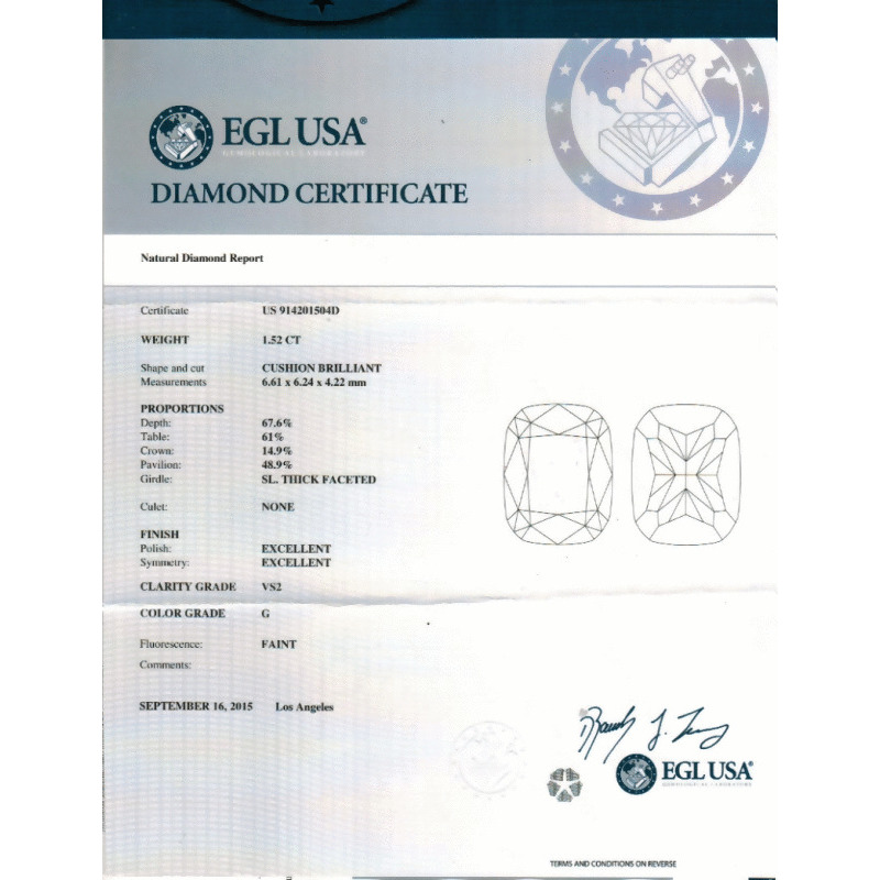 1.52 Carat Cushion Loose Diamond, G, VS2, Super Ideal, EGL Certified