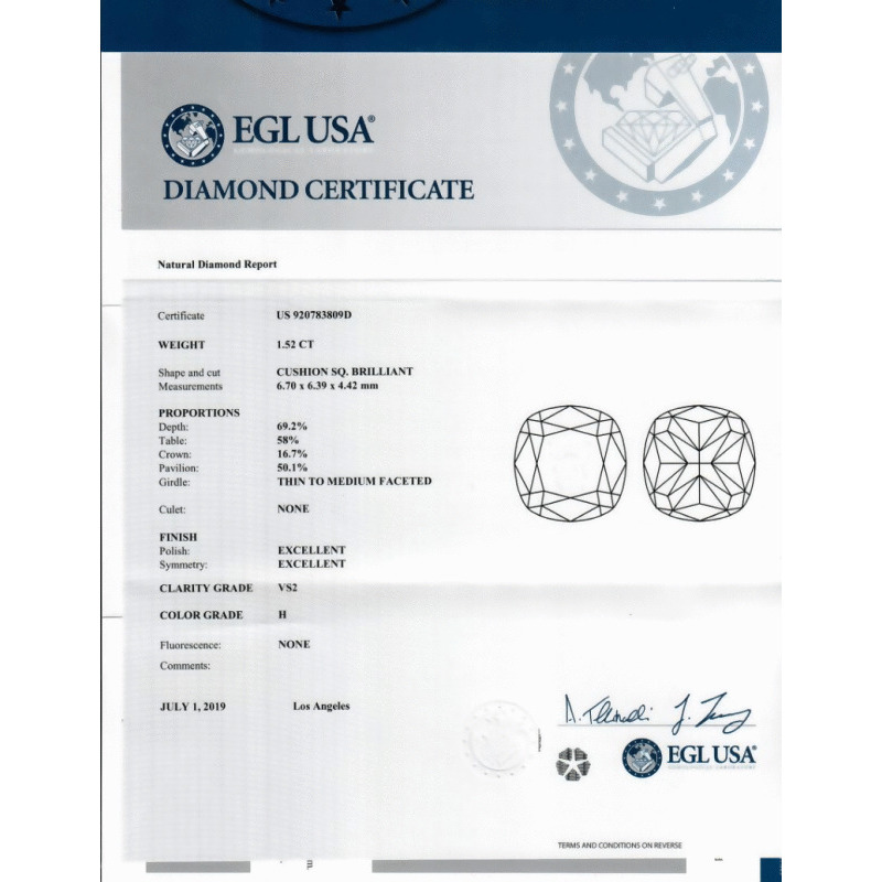 1.52 Carat Cushion Loose Diamond, H, VS2, Ideal, EGL Certified