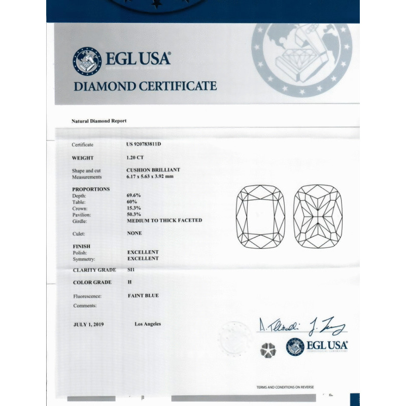 1.20 Carat Cushion Loose Diamond, H, SI1, Ideal, EGL Certified