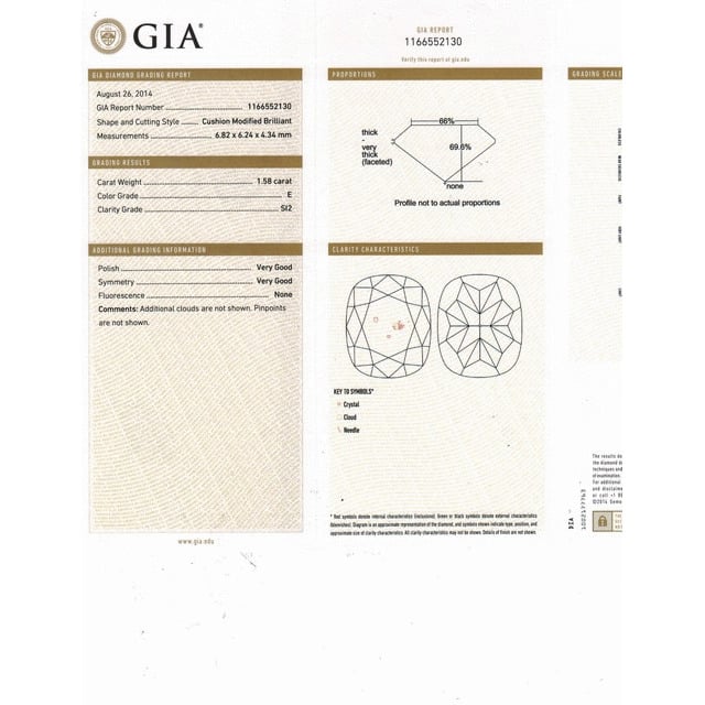 1.58 Carat Cushion Loose Diamond, E, SI2, Excellent, GIA Certified | Thumbnail