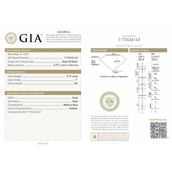 0.72 Carat Heart Loose Diamond, F, SI2, Excellent, GIA Certified | Thumbnail