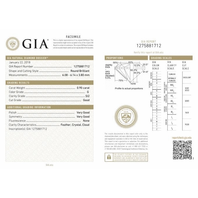 0.90 Carat Round Loose Diamond, G, SI2, Very Good, GIA Certified