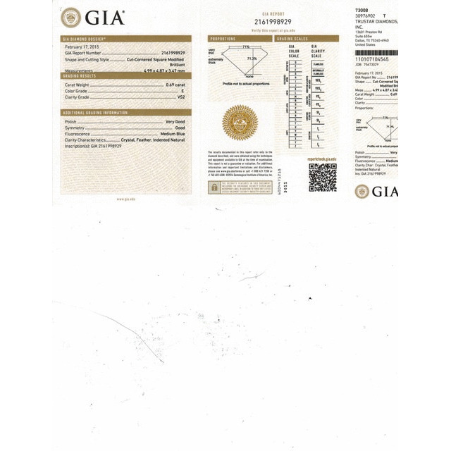 0.69 Carat Radiant Loose Diamond, E, VS2, Ideal, GIA Certified