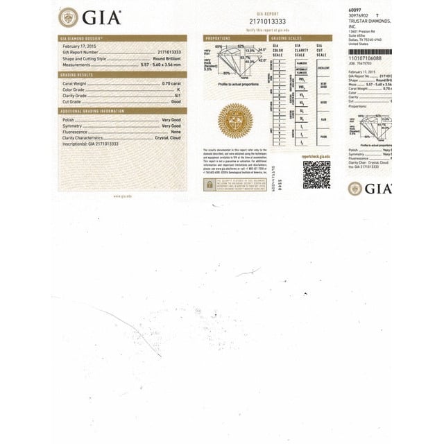 0.70 Carat Round Loose Diamond, K, SI1, Good, GIA Certified