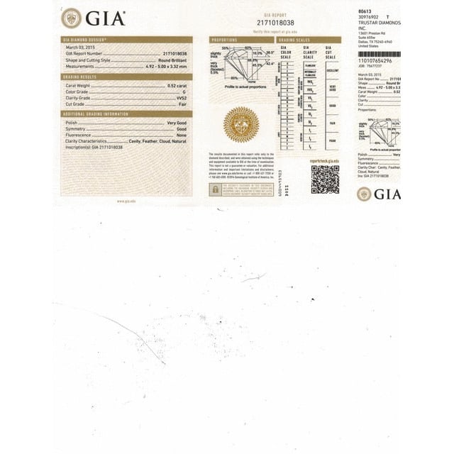 0.52 Carat Round Loose Diamond, G, VVS2, Good, GIA Certified